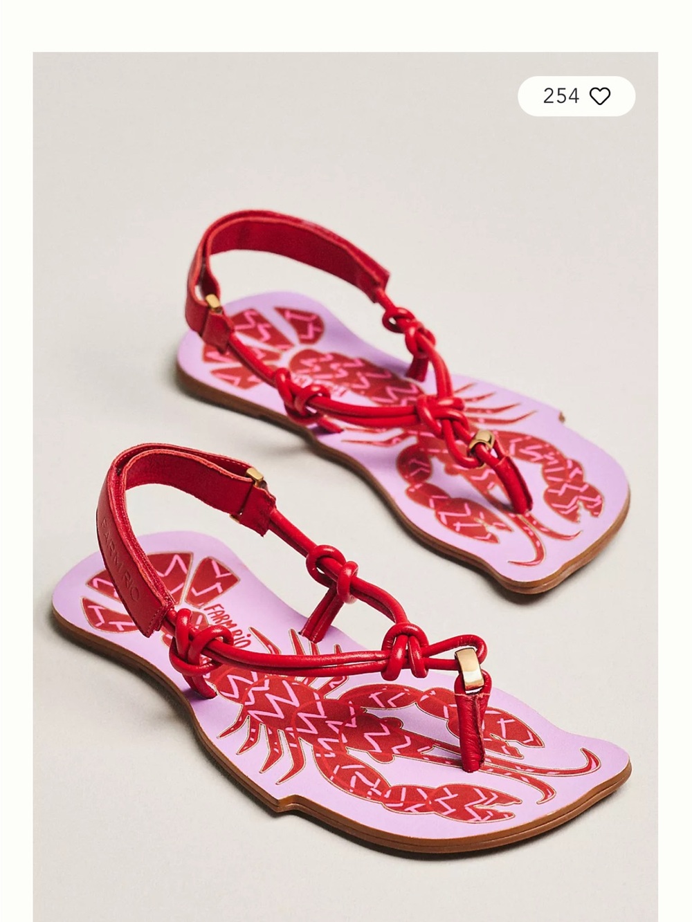FARM Rio Anthropologie Red Knotted T-Strap Sandals with Pink Printed Footbed